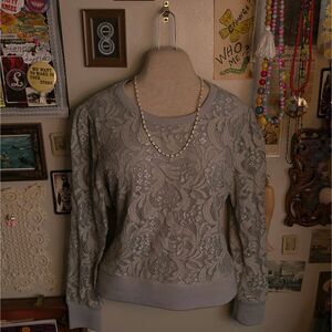 Crochet Lace Puff Sleeve Sweatshirt Women's Large Light Gray